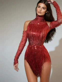 Bodysuits|Tops*Embellishment Lakendra Long Sleeve Crystal Fringe Bodysuit