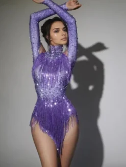 Bodysuits|Tops*Jiu Bajia O/S Lakendra Long Sleeve Crystal Fringe Bodysuit In Purple