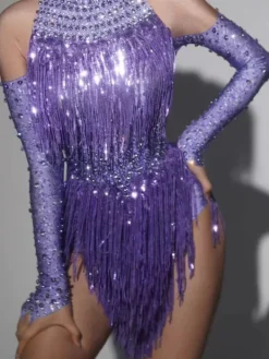 Bodysuits|Tops*Jiu Bajia O/S Lakendra Long Sleeve Crystal Fringe Bodysuit In Purple