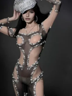 Jumpsuits & Romper|Embellishment*Embellishment Larisa Long Sleeve Pearl Mesh Jumpsuit