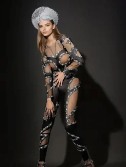 Jumpsuits & Romper|Embellishment*Embellishment Larisa Long Sleeve Pearl Mesh Jumpsuit