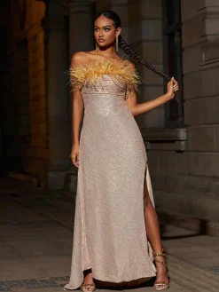 Dresses*Mew Mews Fashion Laurell Strapless Feather Sequin Maxi Dress