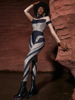 Embellishment*Embellishment O/S Leatrice Square Rhinestone Stripe Jumpsuit