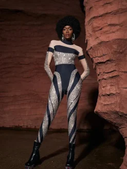 Embellishment*Embellishment O/S Leatrice Square Rhinestone Stripe Jumpsuit