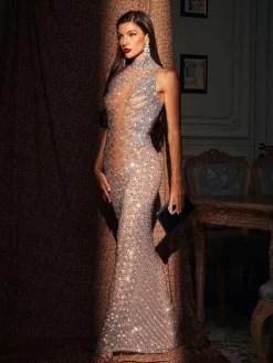 Embellishment|Dresses*Embellishment Letizia High Neck Rhinestone Maxi Dress