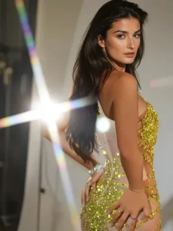 Dresses|Mini Dresses*W Jia O/S Lexiss Halterneck Rhinestone Mini Dress In Yellow
