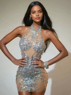 Dresses|Mini Dresses*Jiu Bajia O/S Lexiss Halterneck Rhinestone Mini Dress In Silver