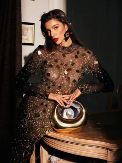 Embellishment|Dresses*Embellishment Liliana High Neck Acrylic Mesh Maxi Dress