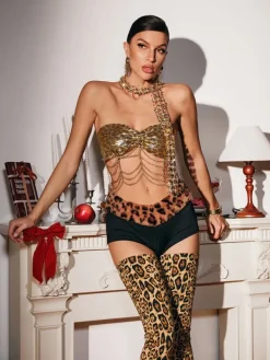 Tops*Mew Mews Fashion Lindsay Leopard Chainmail Fringe Top