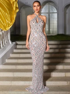 Embellishment|Dresses*Embellishment Liora Backless Sequin Crystal Maxi Dress In Nude