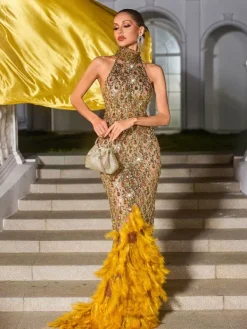 Embellishment|Dresses*Embellishment Liora Crystal Feather Mesh Maxi Dress In Gold