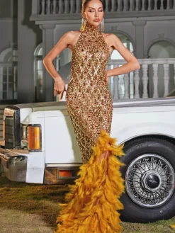 Embellishment|Dresses*Embellishment Liora Crystal Feather Mesh Maxi Dress In Gold