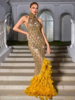 Embellishment|Dresses*Embellishment Liora Crystal Feather Mesh Maxi Dress In Gold