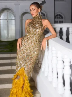 Embellishment|Dresses*Embellishment Liora Crystal Feather Mesh Maxi Dress In Gold
