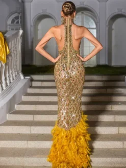 Embellishment|Dresses*Embellishment Liora Crystal Feather Mesh Maxi Dress In Gold