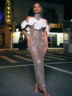 Embellishment|Dresses*Embellishment Liora Flower Sequin Crystal Maxi Dress