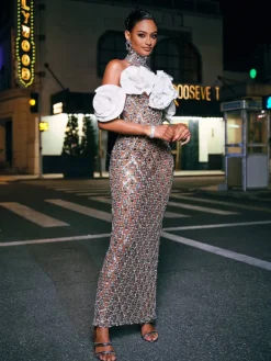 Embellishment|Dresses*Embellishment Liora Flower Sequin Crystal Maxi Dress