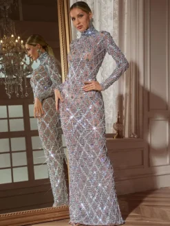 Embellishment|Dresses*Embellishment Liora Long Sleeve Sequin Crystal Maxi Dress In Silver