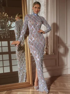 Embellishment|Dresses*Embellishment Liora Long Sleeve Sequin Crystal Maxi Dress In Silver