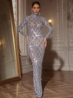 Embellishment|Dresses*Embellishment Liora Long Sleeve Sequin Crystal Maxi Dress In Silver