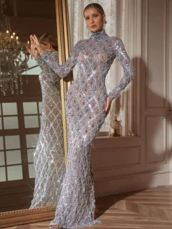 Embellishment|Dresses*Embellishment Liora Long Sleeve Sequin Crystal Maxi Dress In Silver