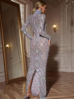Embellishment|Dresses*Embellishment Liora Long Sleeve Sequin Crystal Maxi Dress In Silver