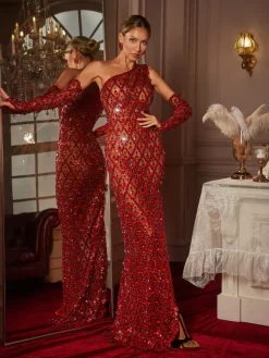 Embellishment|Dresses*Embellishment Liora One Shoulder Sequin Crystal Maxi Dress With Gloves In Red