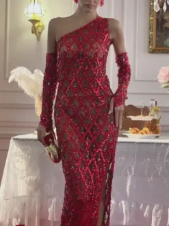 Embellishment|Dresses*Embellishment Liora One Shoulder Sequin Crystal Maxi Dress With Gloves In Red