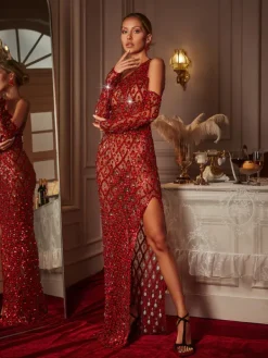 Embellishment|Dresses*Embellishment Liora One Shoulder Sequin Crystal Maxi Dress With Gloves In Red