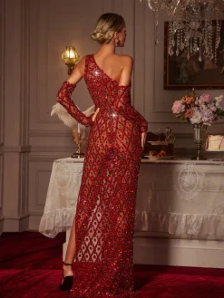 Embellishment|Dresses*Embellishment Liora One Shoulder Sequin Crystal Maxi Dress With Gloves In Red