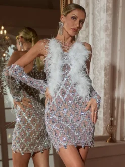 Embellishment|Dresses*Embellishment Liora Sequin Crysta Feather Mini Dress