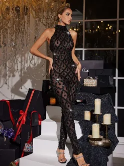 Jumpsuits & Romper|Embellishment*Embellishment Liora Sequin Crystal Jumpsuit In Black
