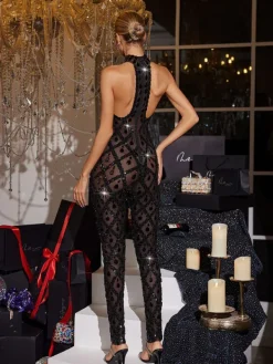 Jumpsuits & Romper|Embellishment*Embellishment Liora Sequin Crystal Jumpsuit In Black