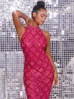 Embellishment|Dresses*Embellishment Liora Sequin Crystal Maxi Dress In Hot Pink