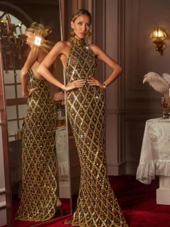 Embellishment|Dresses*Embellishment Liora Sequin Crystal Maxi Dress In Gold