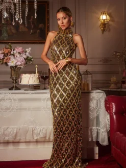 Embellishment|Dresses*Embellishment Liora Sequin Crystal Maxi Dress In Gold