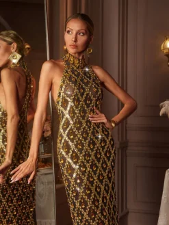 Embellishment|Dresses*Embellishment Liora Sequin Crystal Maxi Dress In Gold