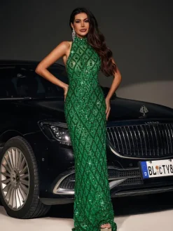 Embellishment|Dresses*Embellishment O/S Liora Sequin Crystal Maxi Dress In Green