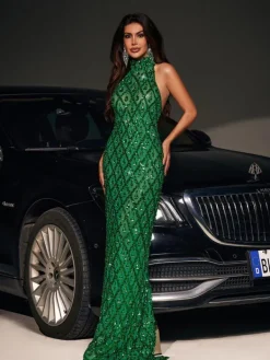 Embellishment|Dresses*Embellishment O/S Liora Sequin Crystal Maxi Dress In Green