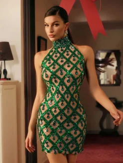 Embellishment|Dresses*Embellishment Liora Sequin Crystal Mini Dress In Green
