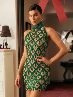 Embellishment|Dresses*Embellishment Liora Sequin Crystal Mini Dress In Green
