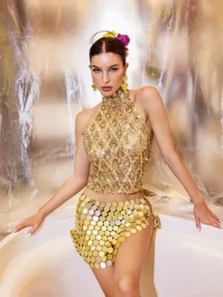 Tops|Embellishment*Embellishment Liora Sequin Crystal Top In Gold