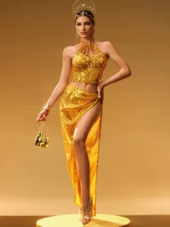 Sets & Co-ords|Embellishment*Embellishment Liorah Halterneck Sequin Skirt Set In Gold