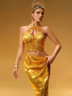 Sets & Co-ords|Embellishment*Embellishment Liorah Halterneck Sequin Skirt Set In Gold
