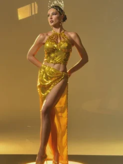 Sets & Co-ords|Embellishment*Embellishment Liorah Halterneck Sequin Skirt Set In Gold