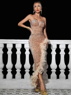 Dresses|Maxi Dresses*Mew Mews Fashion Lois Strapless Sequin Feather Trimmed Maxi Dress In Gold