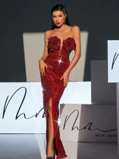 Embellishment|Dresses*Lu Yili Lorelei Strapless Flower Sequin Split Dress In Wine