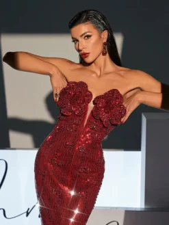 Embellishment|Dresses*Lu Yili Lorelei Strapless Flower Sequin Split Dress In Wine