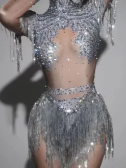 Bodysuits|Tops*Jiu Bajia O/S Lorvain Rhinestone Fringe Bodysuit In Silver