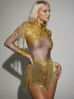 Bodysuits|Tops*Jiu Bajia O/S Lorvain Rhinestone Fringe Bodysuit In Gold